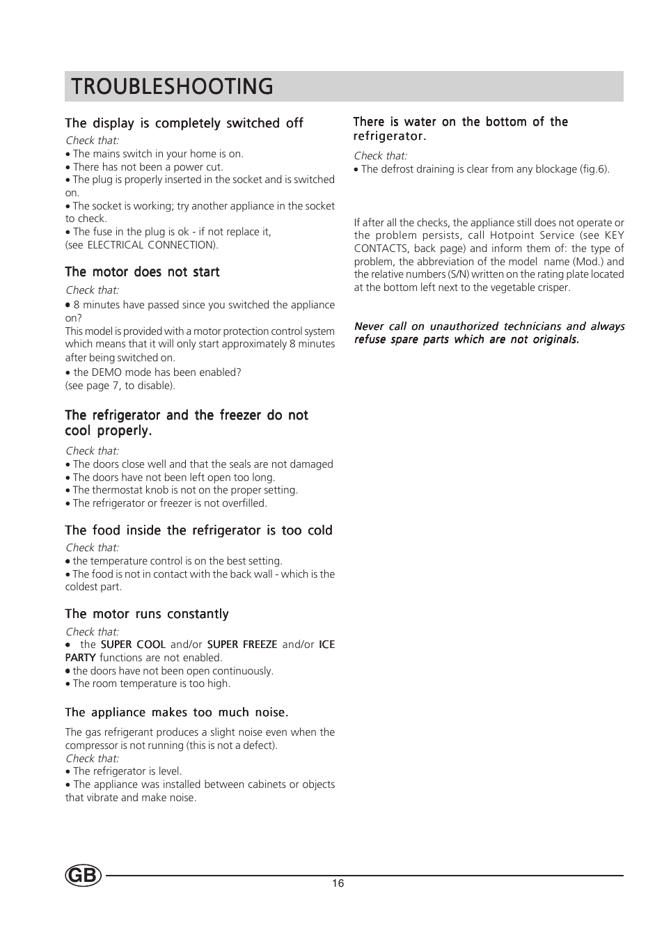 Troubleshooting | Hotpoint HMS313I User Manual | Page 16 / 20