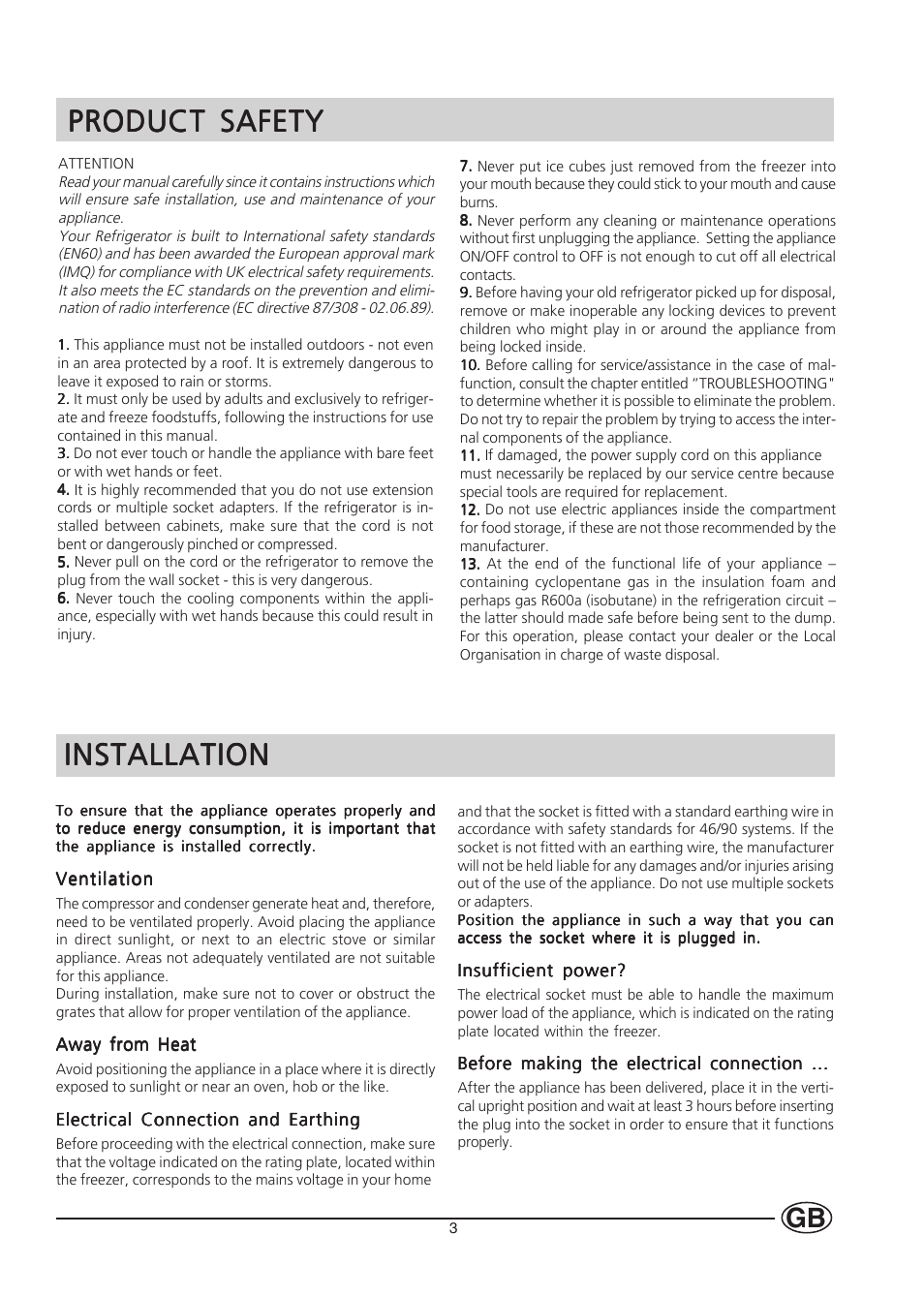 Installation, Product safety | Hotpoint HMS313I User Manual | Page 3 / 20