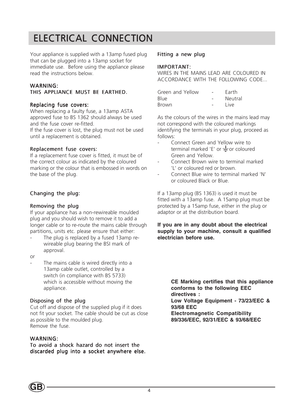 Electrical connection | Hotpoint HMS313I User Manual | Page 4 / 20