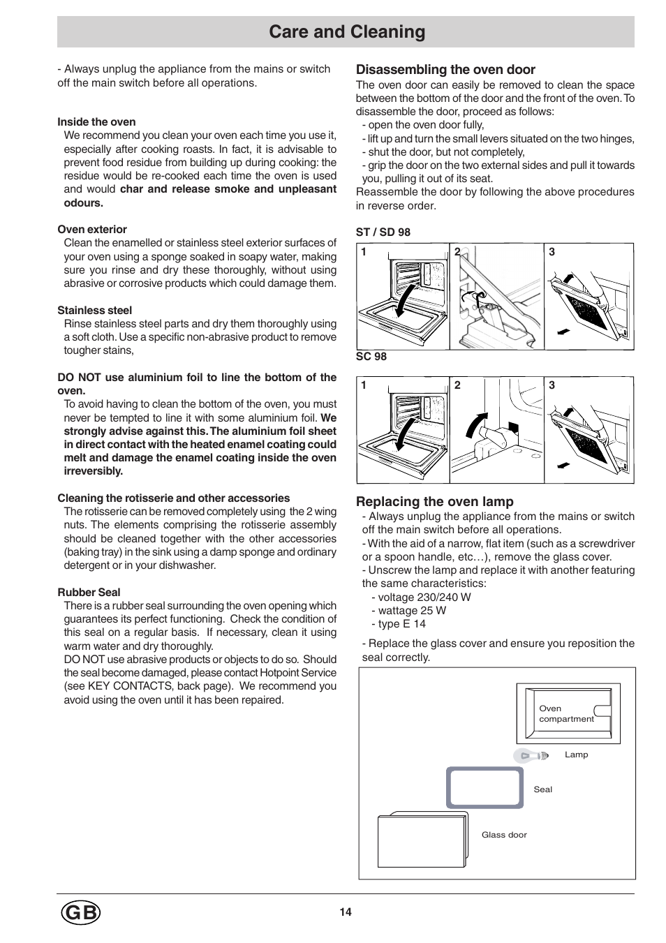 Care and cleaning | Hotpoint SC98 User Manual | Page 14 / 24