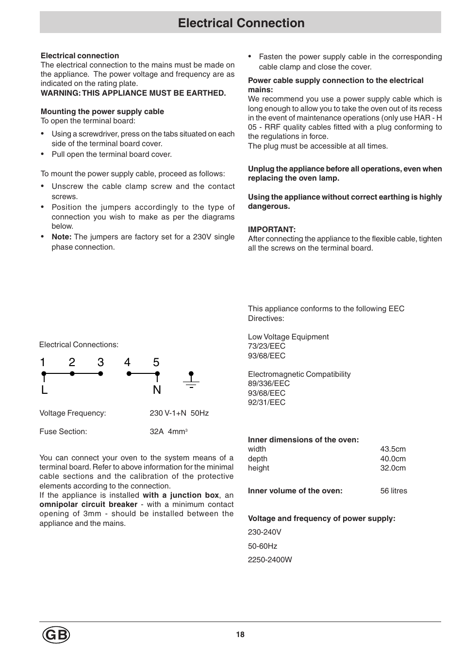Electrical connection | Hotpoint SC98 User Manual | Page 18 / 24