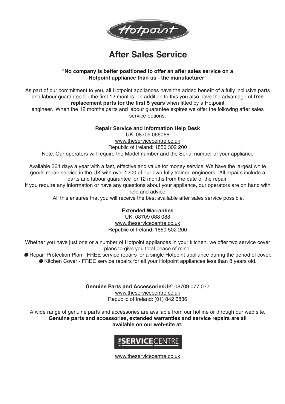 After sales service | Hotpoint SC98 User Manual | Page 22 / 24