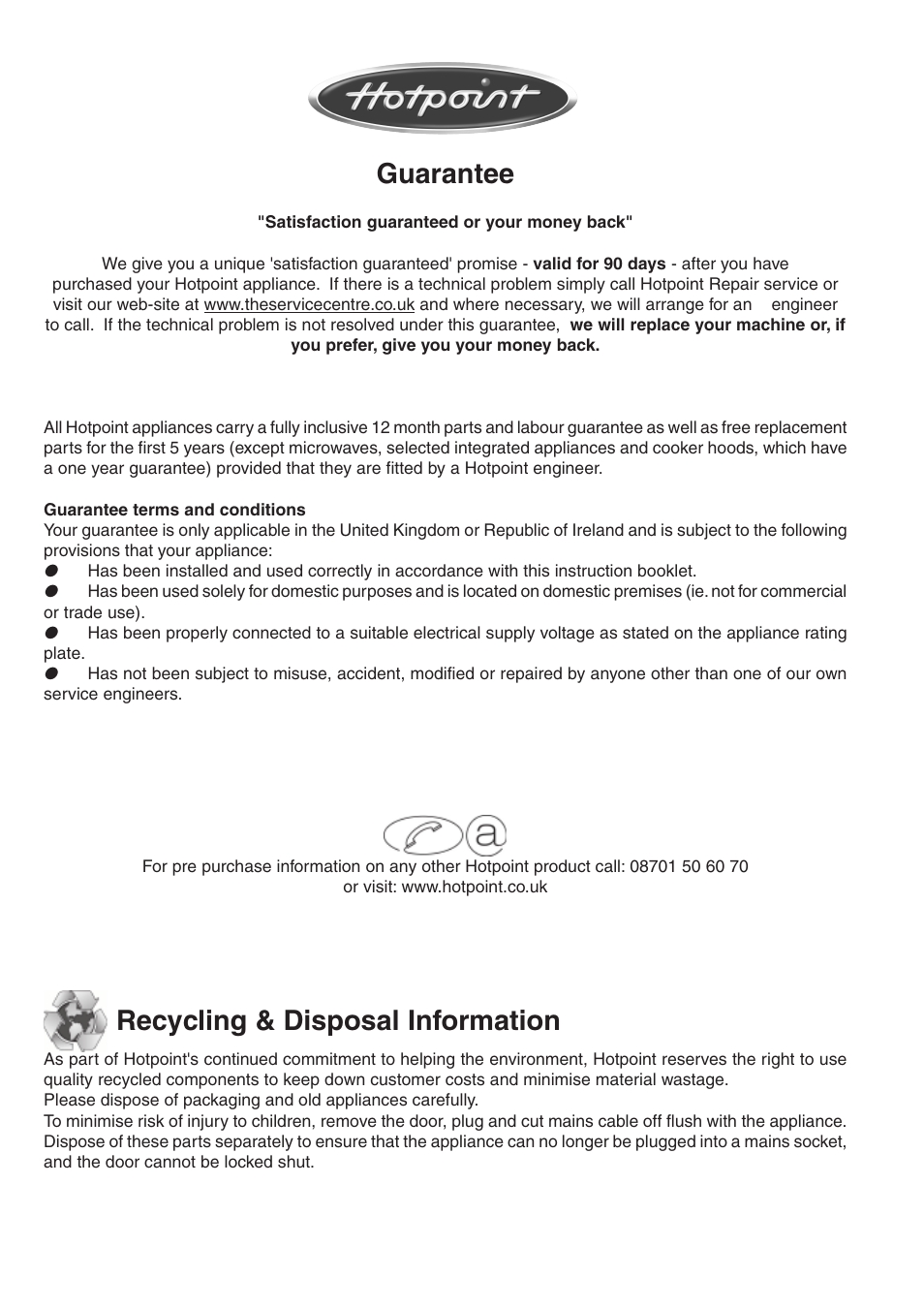 Guarantee, Recycling & disposal information | Hotpoint SC98 User Manual | Page 23 / 24