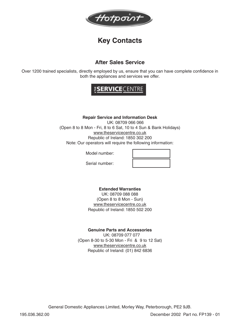 Key contacts, After sales service | Hotpoint SC98 User Manual | Page 24 / 24