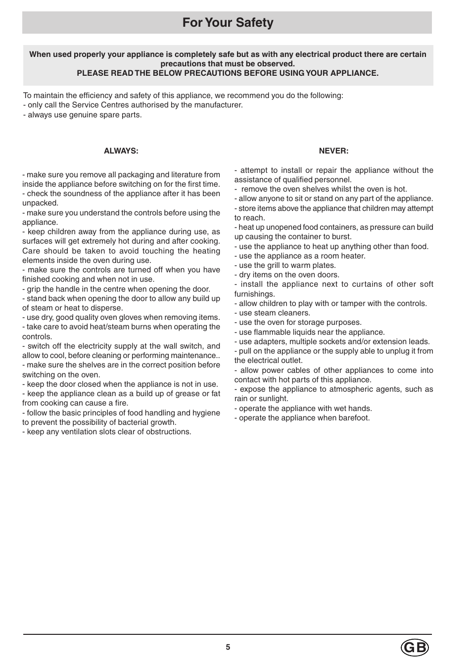 For your safety | Hotpoint SC98 User Manual | Page 5 / 24