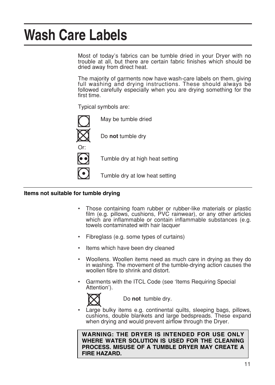 Wash care labels | Hotpoint TDL52 User Manual | Page 11 / 24