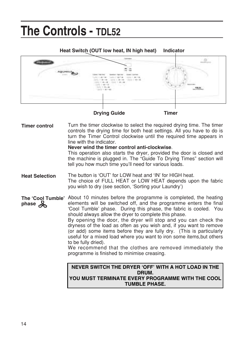 The controls, Tdl52 | Hotpoint TDL52 User Manual | Page 14 / 24