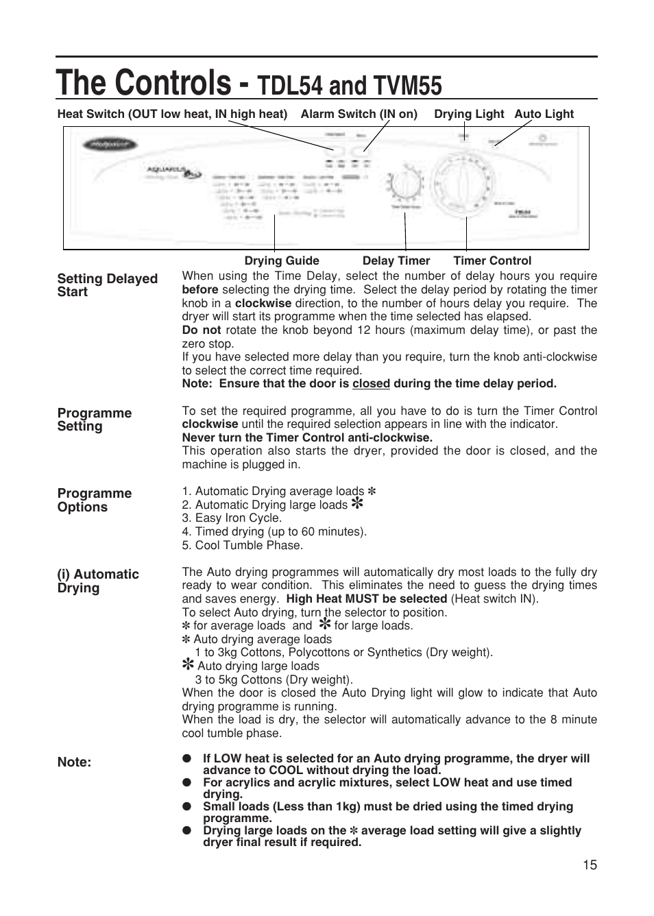 The controls, Tdl54 and tvm55 | Hotpoint TDL52 User Manual | Page 15 / 24