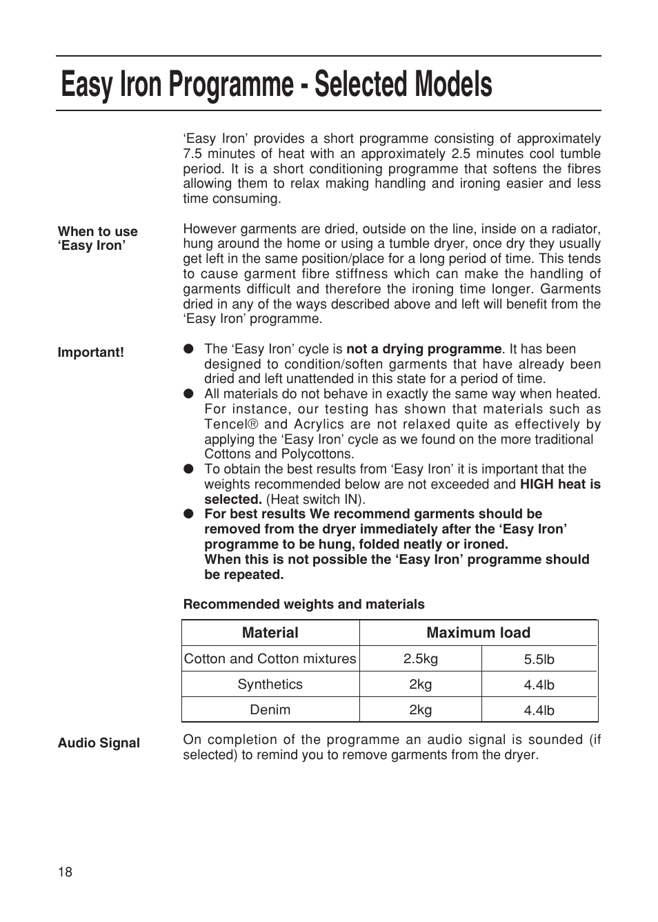 Easy iron programme - selected models | Hotpoint TDL52 User Manual | Page 18 / 24