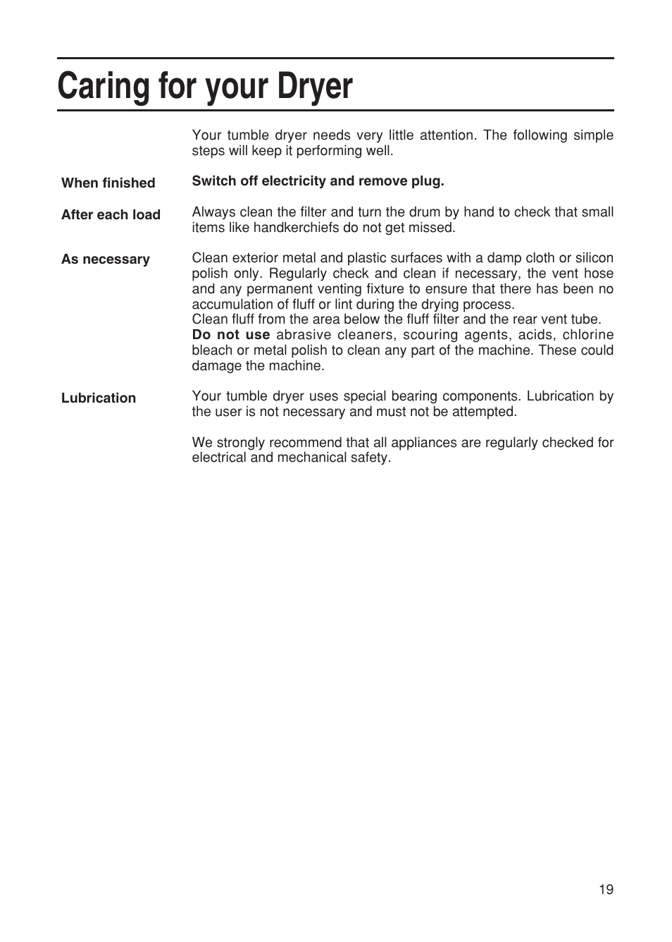 Caring for your dryer | Hotpoint TDL52 User Manual | Page 19 / 24