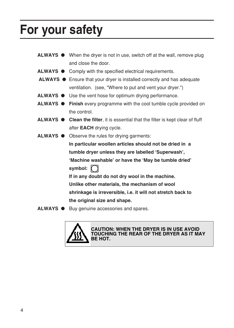 For your safety | Hotpoint TDL52 User Manual | Page 4 / 24