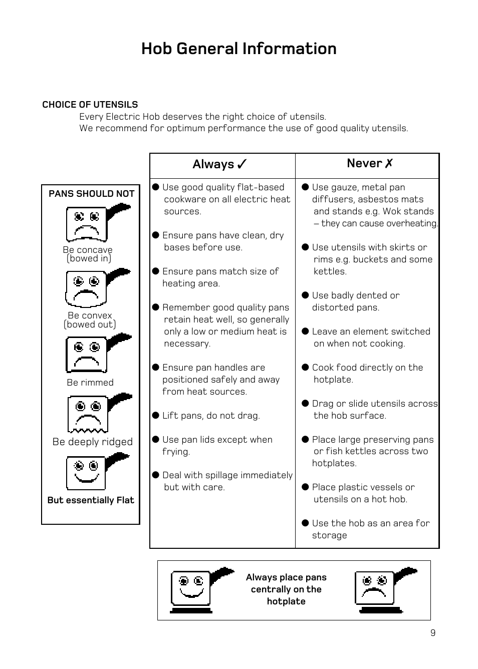 Hob general information, Always, Never | Hotpoint H151EWH User Manual | Page 11 / 24