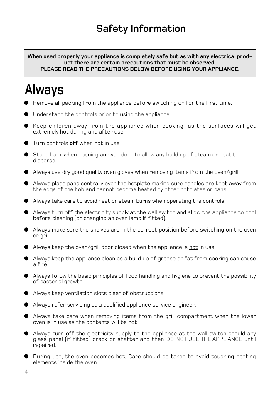 Always, Safety information | Hotpoint H151EWH User Manual | Page 6 / 24
