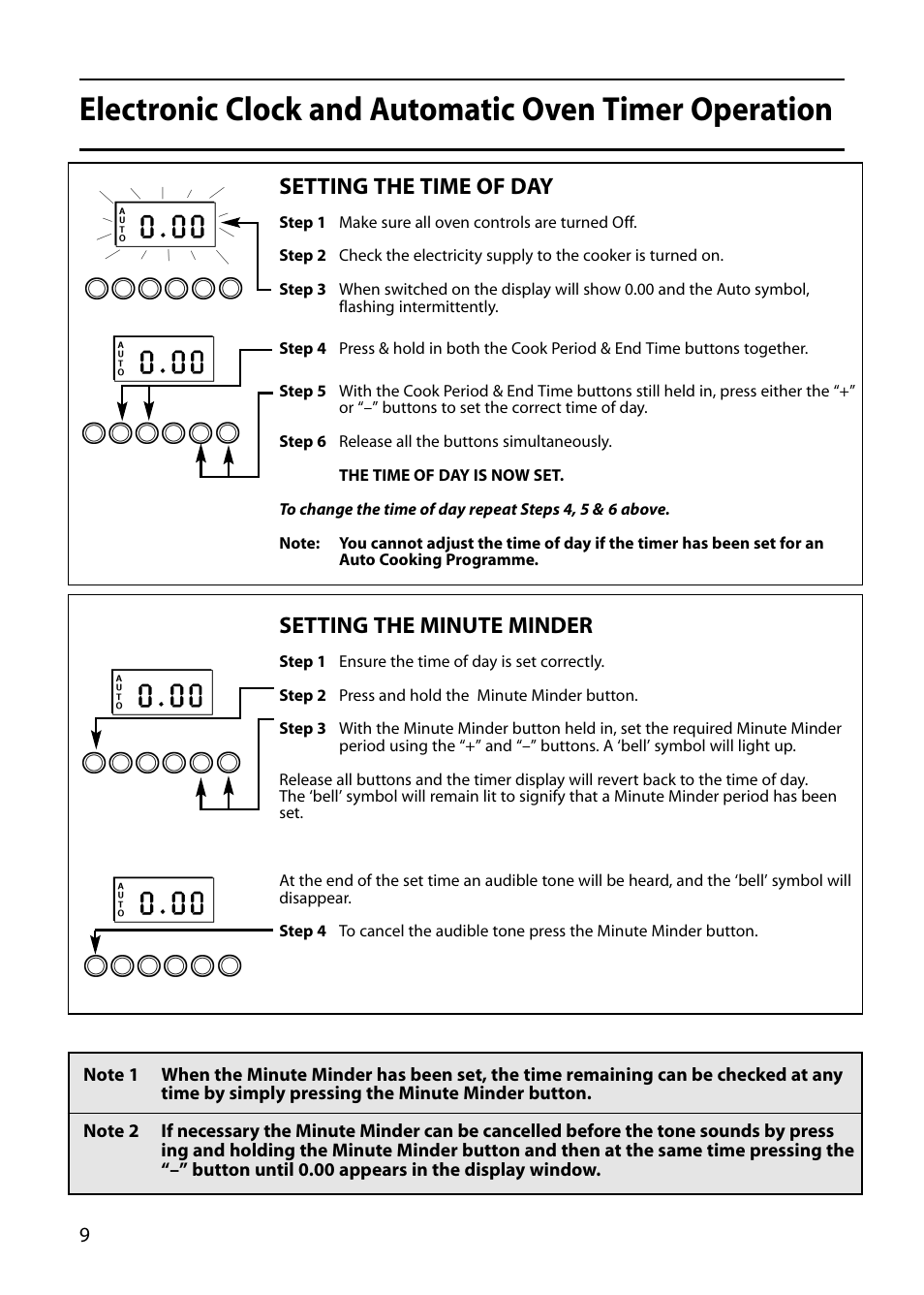 Setting the time of day, Setting the minute minder | Hotpoint S130E User Manual | Page 10 / 36