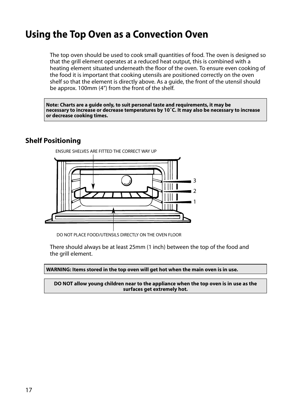 Using the top oven as a convection oven, Shelf positioning | Hotpoint S130E User Manual | Page 18 / 36