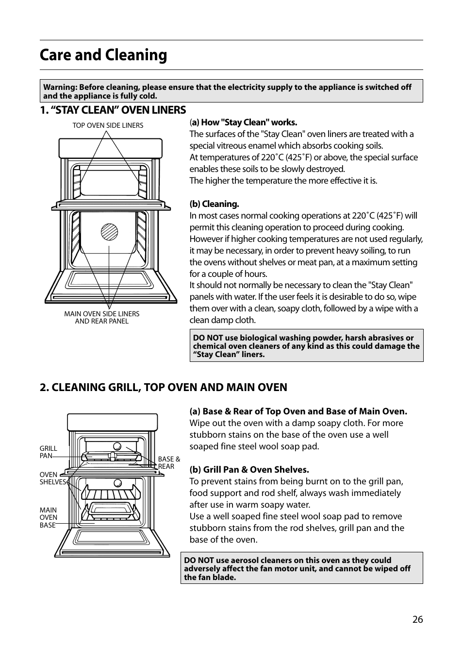 Care and cleaning, “stay clean” oven liners, Cleaning grill, top oven and main oven | Hotpoint S130E User Manual | Page 27 / 36