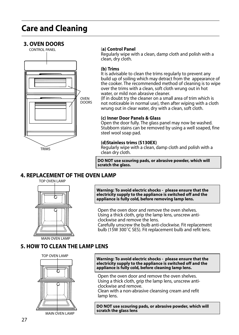 Care and cleaning, Oven doors, Replacement of the oven lamp | How to clean the lamp lens | Hotpoint S130E User Manual | Page 28 / 36