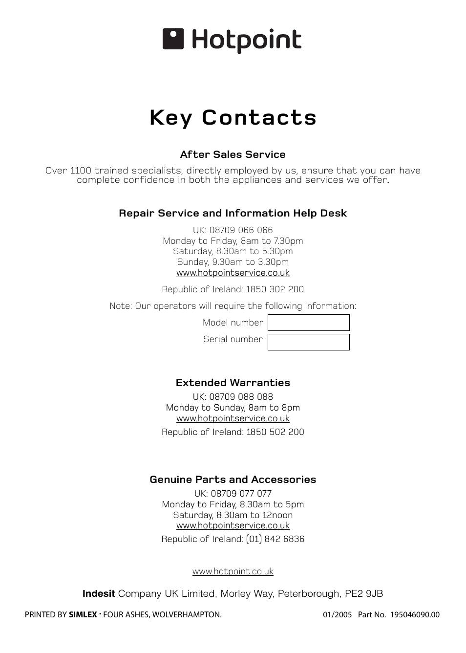 Key contacts | Hotpoint S130E User Manual | Page 36 / 36