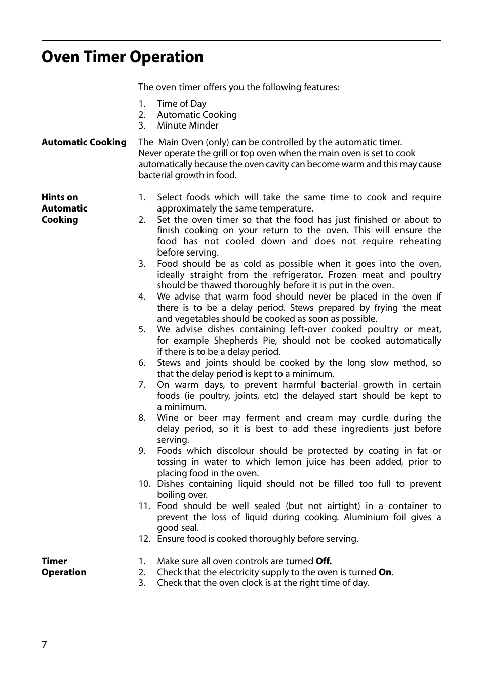 Oven timer operation | Hotpoint S130E User Manual | Page 8 / 36