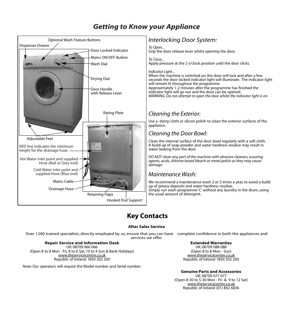 Getting to know your appliance, Key contacts, Cleaning the exterior | Maintenance wash, Cleaning the door bowl, Interlocking door system | Hotpoint WD52 User Manual | Page 11 / 12