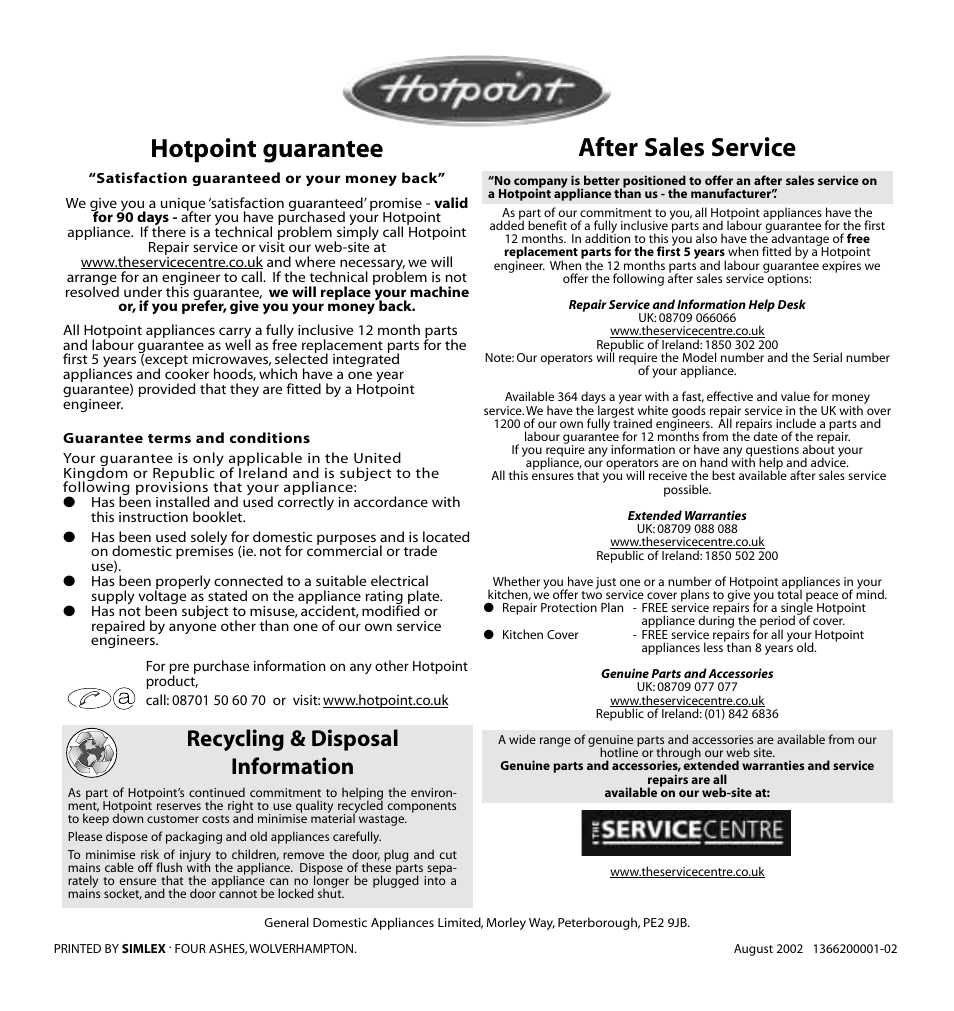 Hotpoint guarantee after sales service, Recycling & disposal information | Hotpoint WD52 User Manual | Page 12 / 12