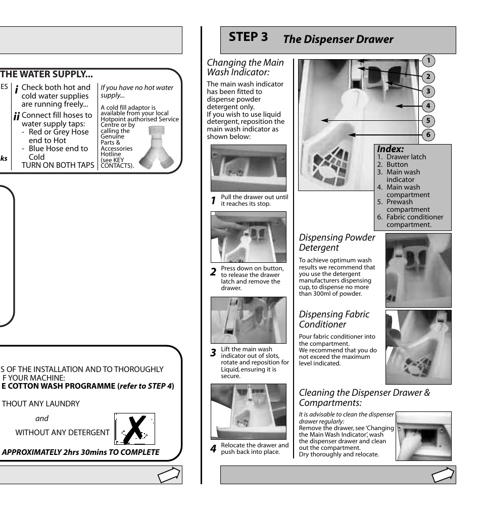 Step 3, The dispenser drawer, 1ii i | Hotpoint WD52 User Manual | Page 4 / 12