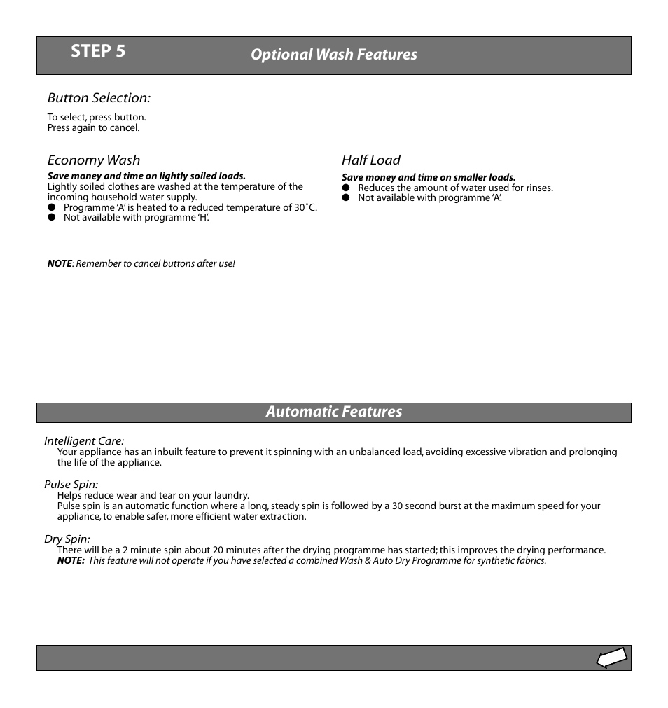 Step 5, Optional wash features, Automatic features | Hotpoint WD52 User Manual | Page 6 / 12