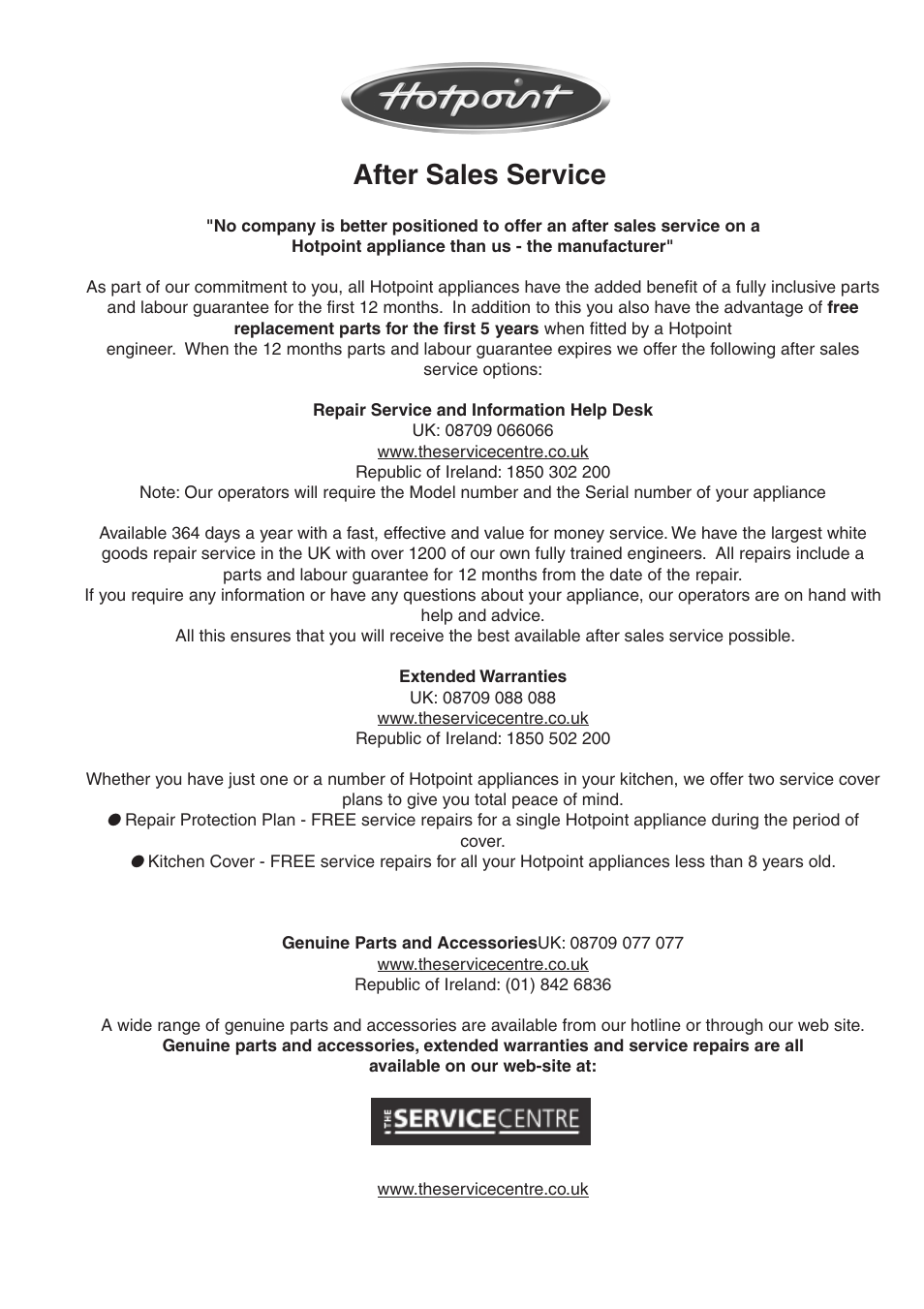 After sales service | Hotpoint SD97PC User Manual | Page 18 / 20