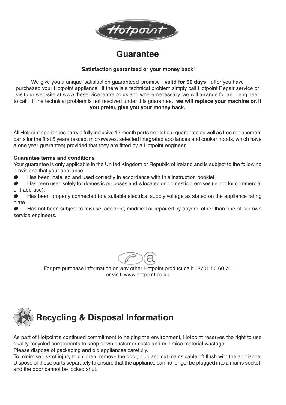 Guarantee, Recycling & disposal information | Hotpoint SD97PC User Manual | Page 19 / 20