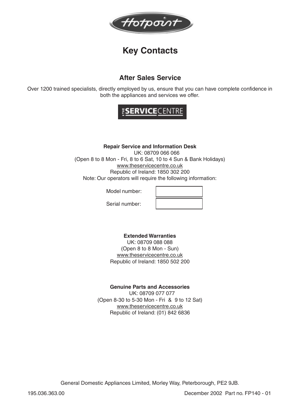 Key contacts, After sales service | Hotpoint SD97PC User Manual | Page 20 / 20