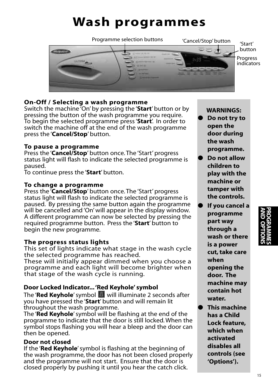 Wash programmes | Hotpoint WMA76 User Manual | Page 15 / 28