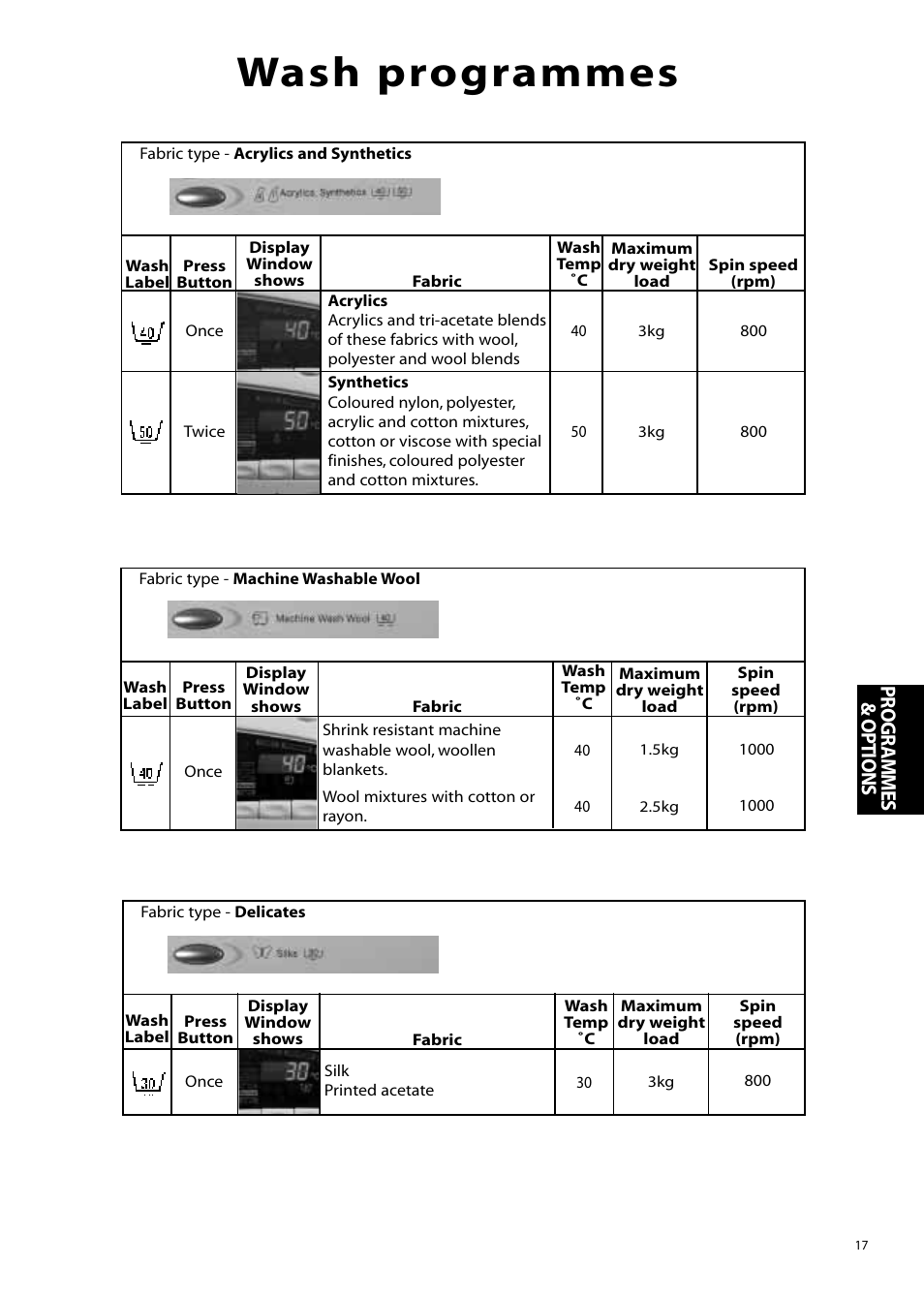 Wash programmes, Pr ogr ammes & options | Hotpoint WMA76 User Manual | Page 17 / 28