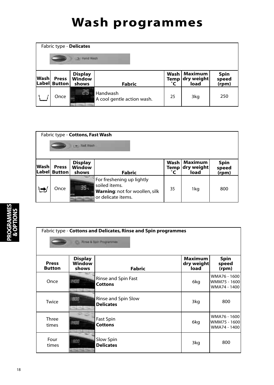 Wash programmes, Pr ogr ammes & options | Hotpoint WMA76 User Manual | Page 18 / 28