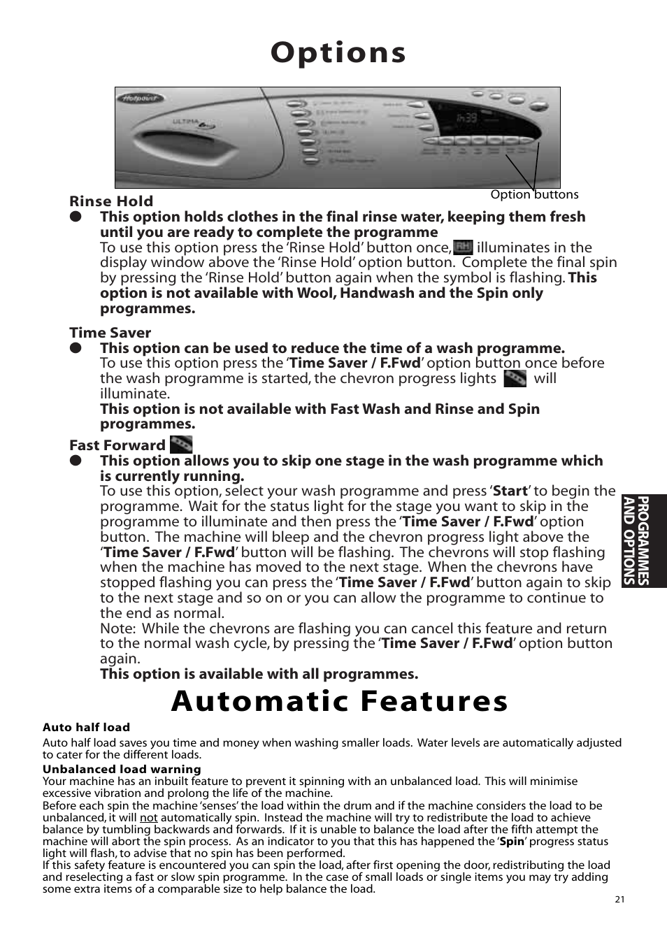 Options, Automatic features | Hotpoint WMA76 User Manual | Page 21 / 28