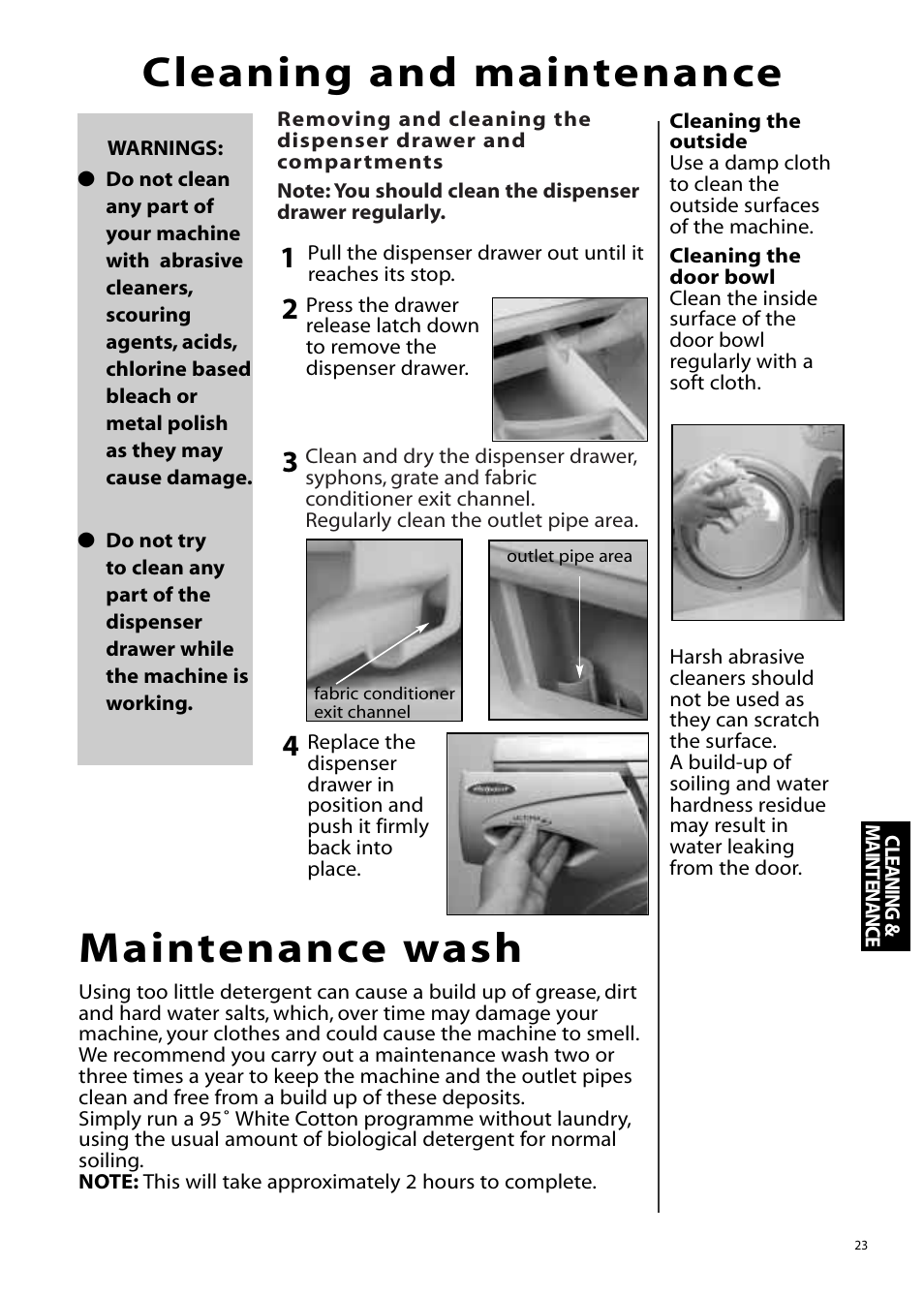 Cleaning and maintenance, Maintenance wash | Hotpoint WMA76 User Manual | Page 23 / 28