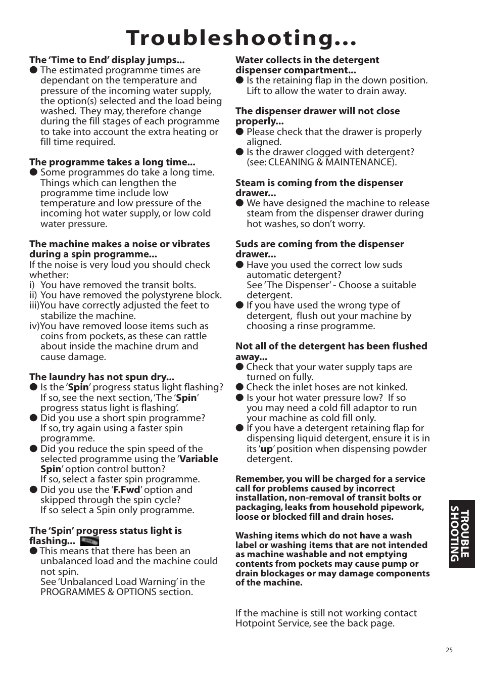 Troubleshooting | Hotpoint WMA76 User Manual | Page 25 / 28