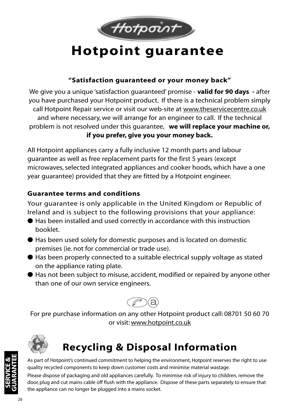 Hotpoint guarantee, Recycling & disposal information | Hotpoint WMA76 User Manual | Page 26 / 28