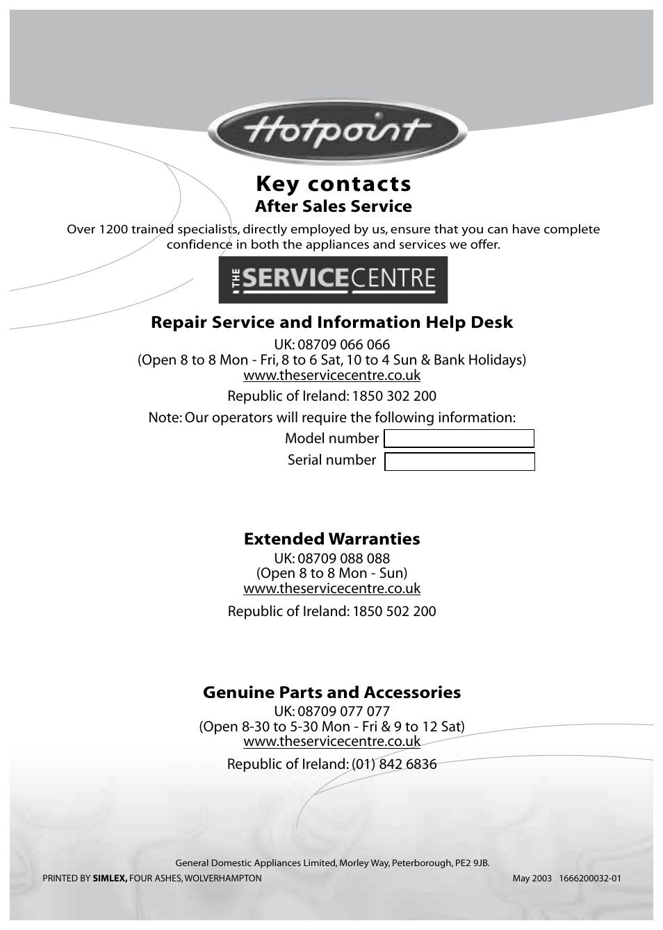 Key contacts | Hotpoint WMA76 User Manual | Page 28 / 28