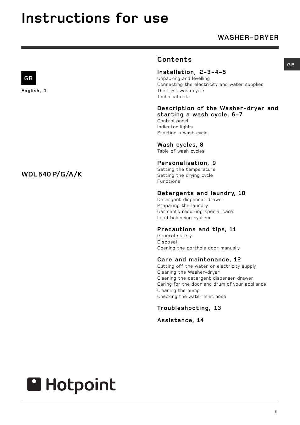 Hotpoint WDL540 P/G/A/K User Manual | 16 pages