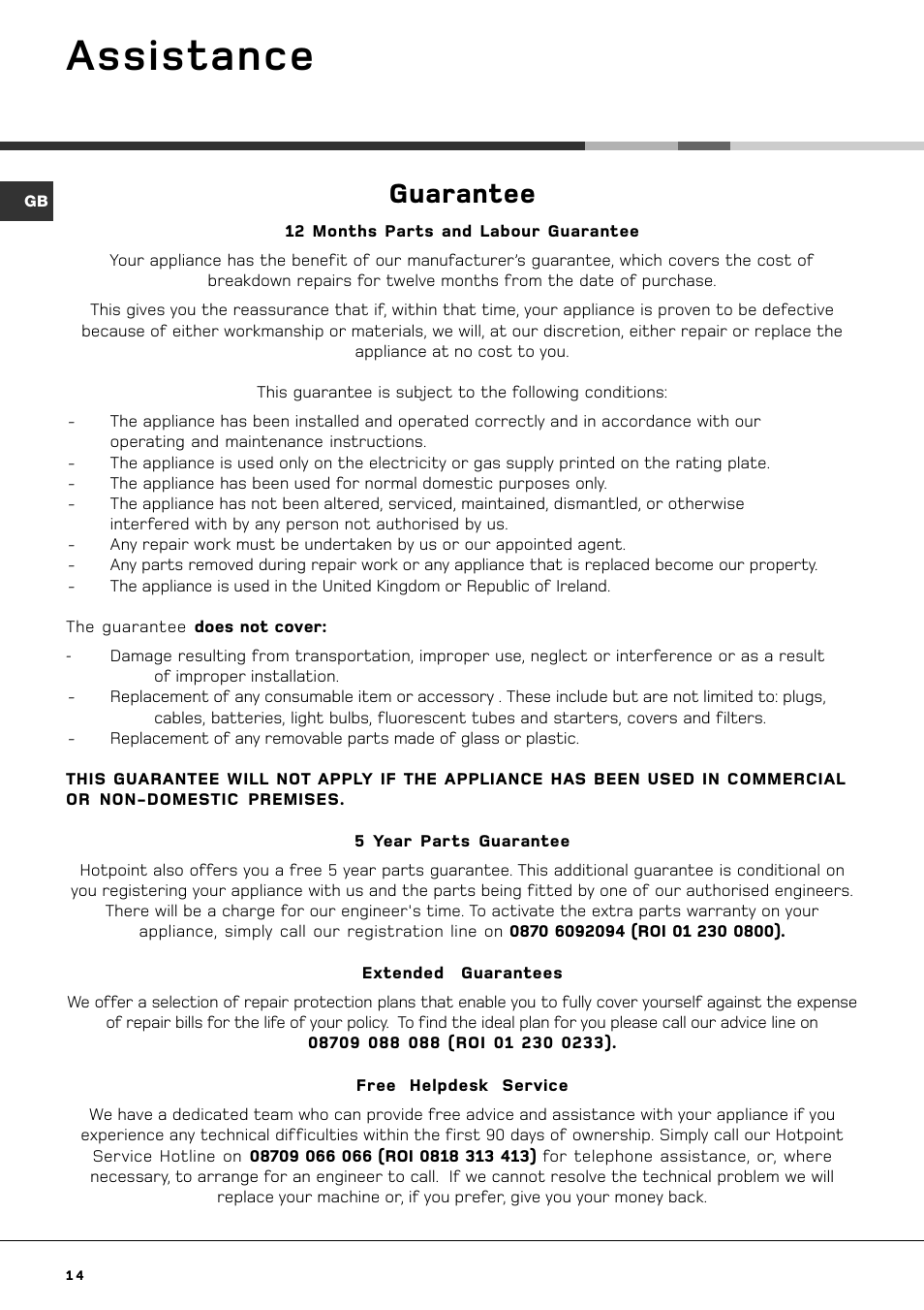 Assistance, Guarantee | Hotpoint AQGL129PI User Manual | Page 14 / 16
