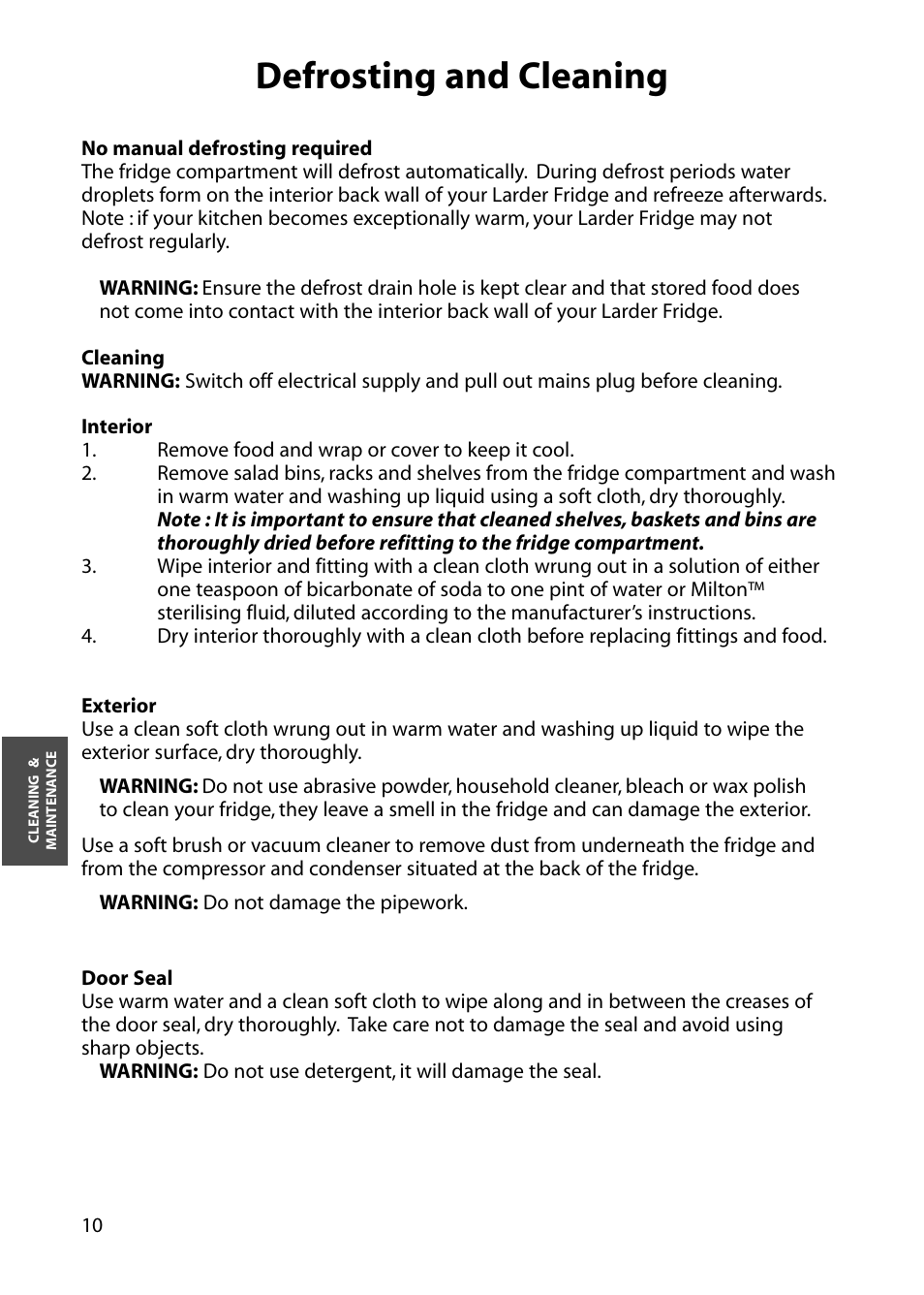 Defrosting and cleaning | Hotpoint RLA34 User Manual | Page 10 / 16