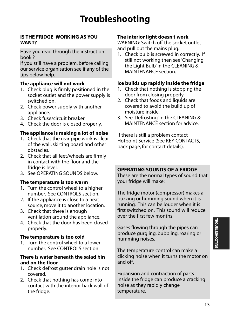 Troubleshooting | Hotpoint RLA34 User Manual | Page 13 / 16