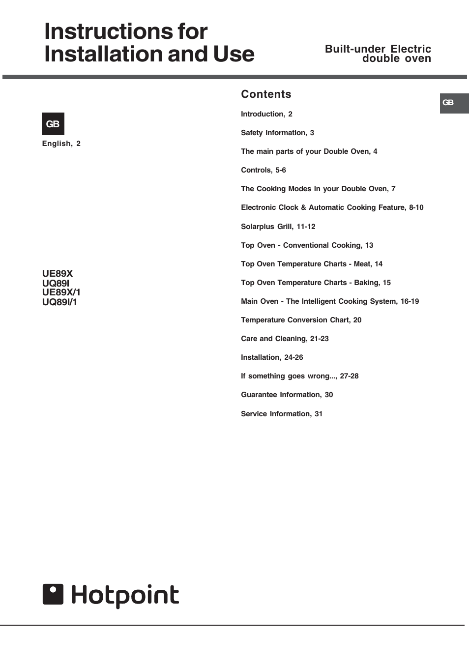 Hotpoint UE89X User Manual | 32 pages