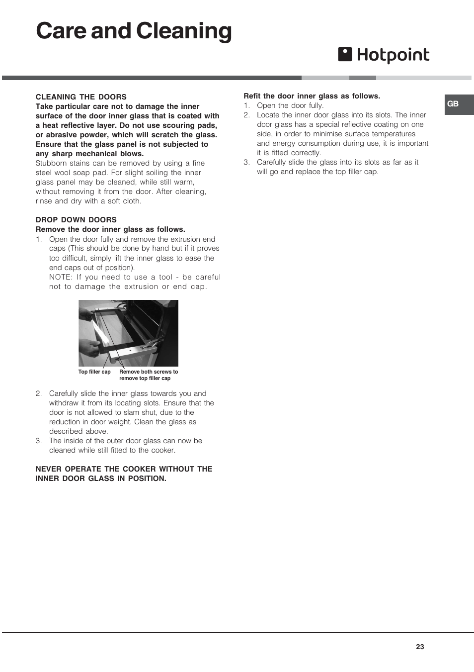 Care and cleaning | Hotpoint UE89X User Manual | Page 23 / 32