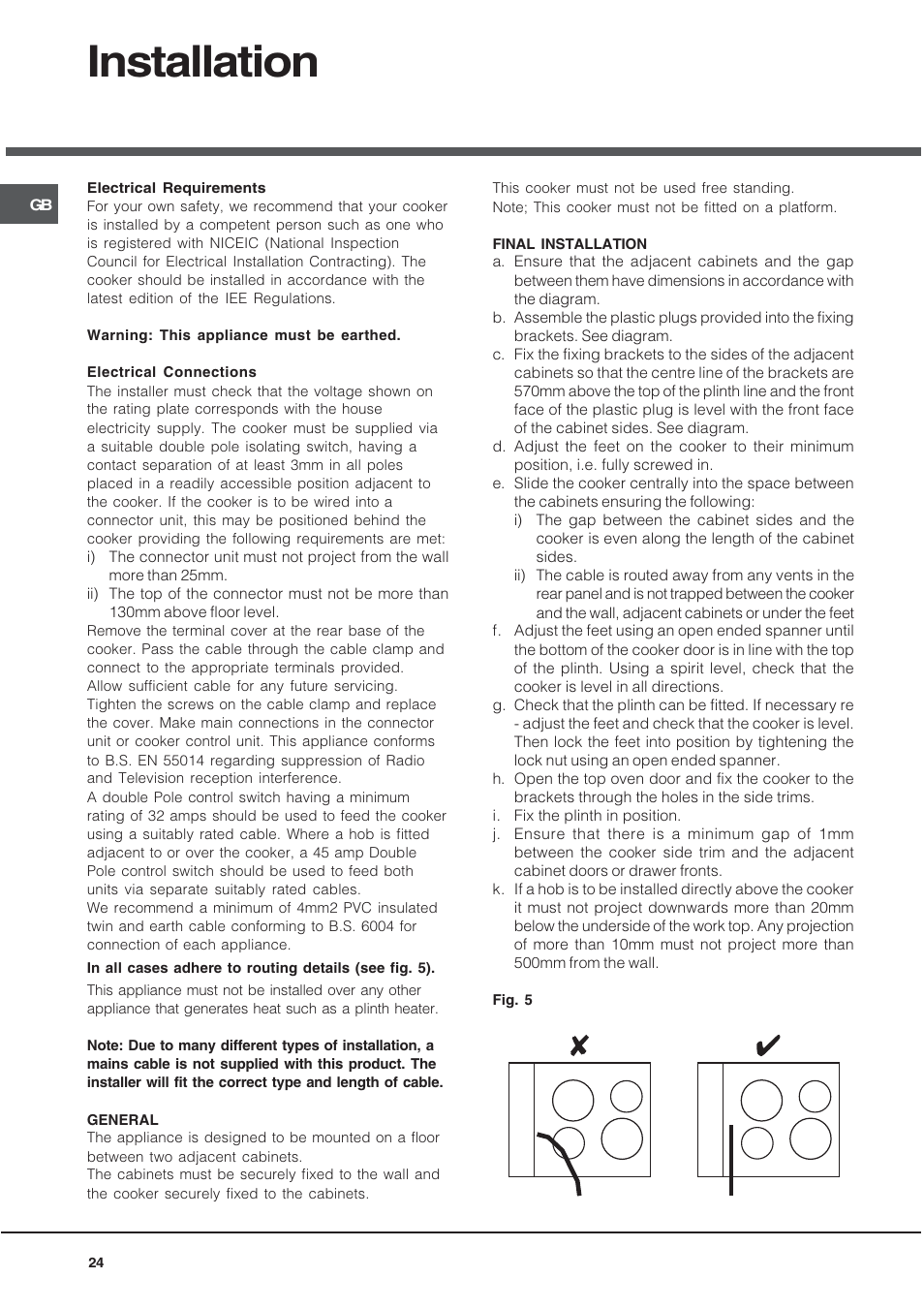 Installation | Hotpoint UE89X User Manual | Page 24 / 32