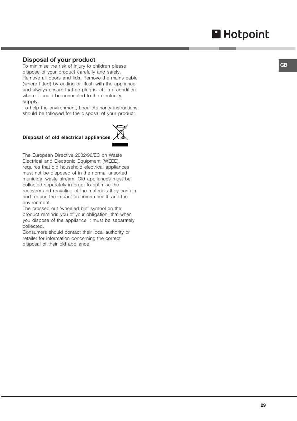 Disposal of your product | Hotpoint UE89X User Manual | Page 29 / 32