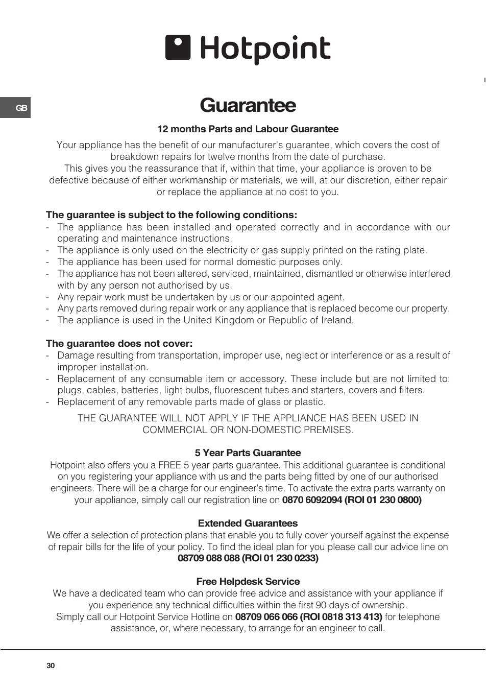 Guarantee | Hotpoint UE89X User Manual | Page 30 / 32