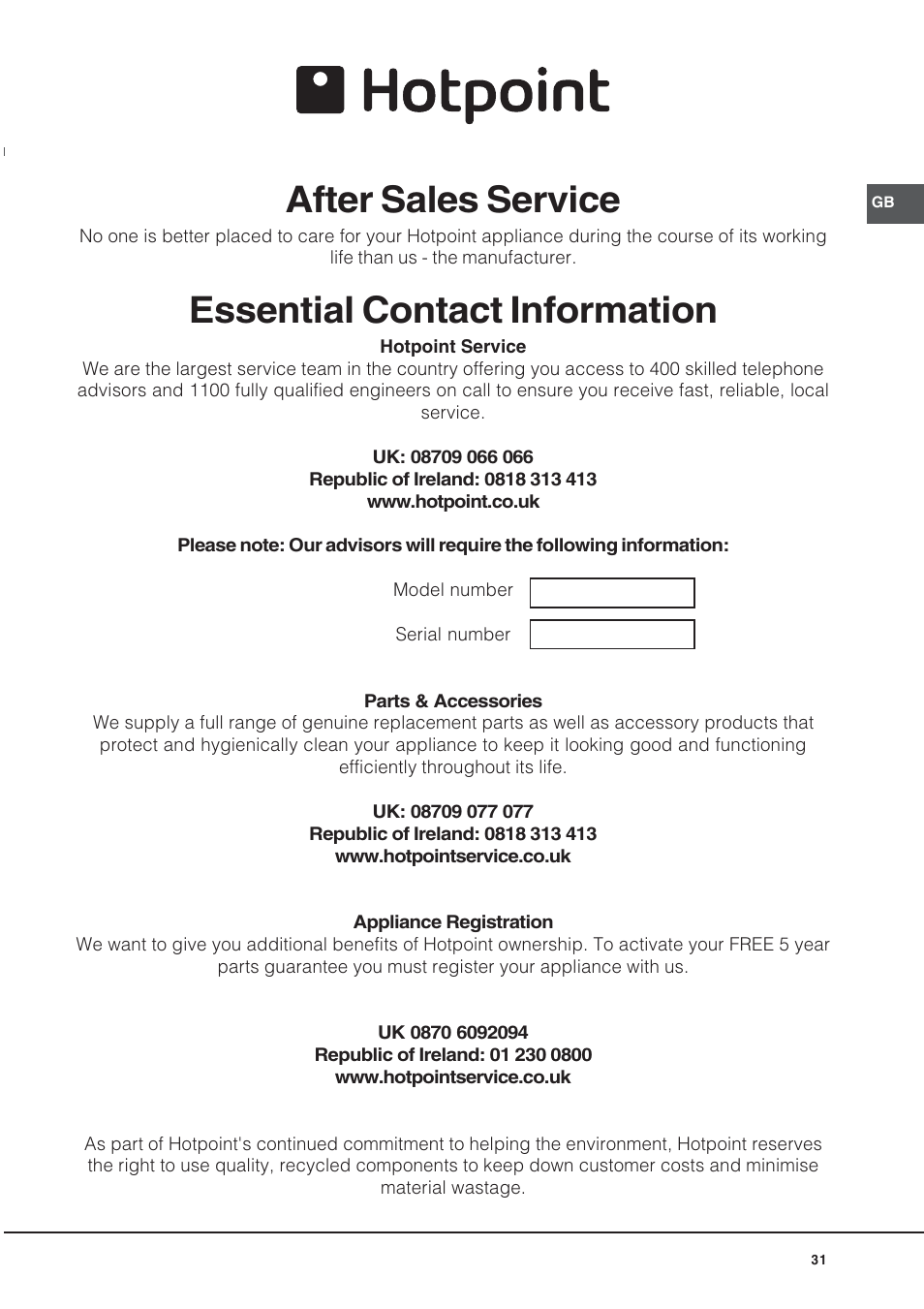 After sales service, Essential contact information | Hotpoint UE89X User Manual | Page 31 / 32