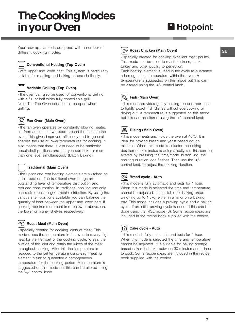 The cooking modes in your oven | Hotpoint UE89X User Manual | Page 7 / 32