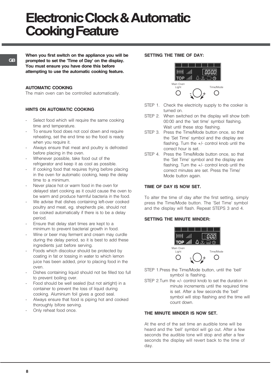 Electronic clock & automatic cooking feature | Hotpoint UE89X User Manual | Page 8 / 32